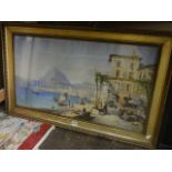 A 19th century chromolithograph of a Mediterranean coastal scene with figures, fishing boats,