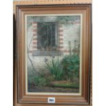 A late 19th century continental oil painting on board, study of a window in a brick façade with