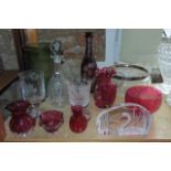 A mixed selection of glassware to include a single good quality Victorian ruby glass bottle with