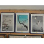 A set of three Japanese coloured wood block prints by Tsuchiya Koitsu of sparrows in the snow, a