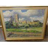 An oil painting on canvas of a country landscape with church and figure in a garden, signed bottom