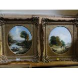 A pair of 19th century oil paintings on canvas of oval form, one showing a river landscape with