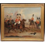 A 19th century oil painting on canvas of a scene with soldiers of the 17th Lancers Regiment