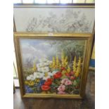 An oil painting on canvas of summer flowers including poppies, indistinctly signed bottom left T