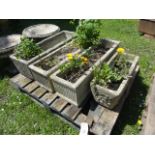 A pair of contemporary buff coloured cast composition stone garden flower troughs of rectangular