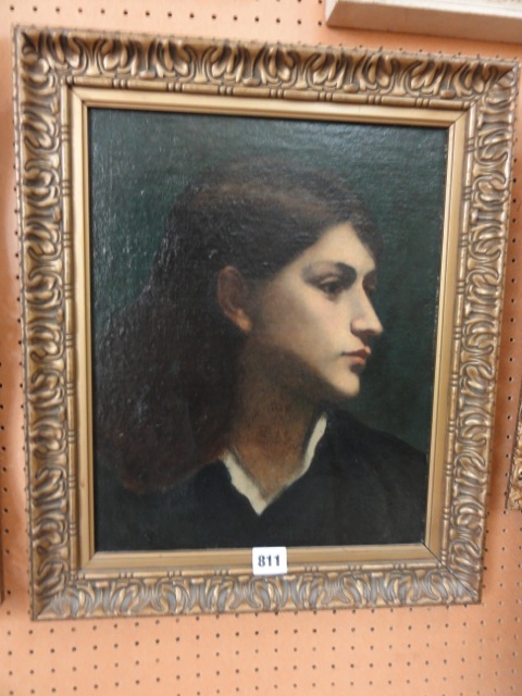 An early 20th century oil painting on canvas, shoulder length profile portrait of a young woman with