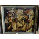 An oil painting on canvas in the cubist manner of three figures painted in tones of ochre, yellow