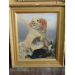 A 19th century oleograph of a brown and white spaniel with blackgame, 66 x 54 cm approx in moulded