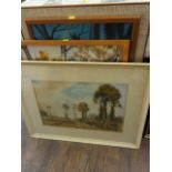 A collection of pictures including an early 20th century watercolour of a country landscape with