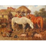 A 19th century oil painting on canvas by John Frederick Herring showing a busy farmyard scene with