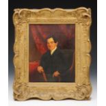 A 19th century oil painting on canvas, half length portrait of a seated gentleman in black jacket