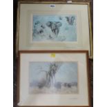 Two coloured prints after David Shepherd, one showing elephant studies, the other buffalo, both