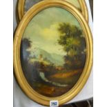 A pair of early 20th century oil paintings on board of oval form showing landscapes with