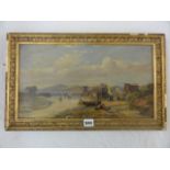 A 19th century oil painting on canvas of a continental shore scene with fishing boats, male and