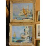 A pair of 20th century oil paintings on canvas showing colourful Mediterranean style harbour