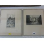 A pair of early 20th century black and white etchings of Edinburgh city scenes by W Edin Law showing