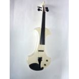 An unusual contemporary electric Uyea violin of stylised form with white body and ebonised bridge,