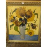 An oil painting on board after Van Gogh's vase of sunflowers, painted in the impasto technique and