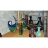 A mixed selection of glassware to include an unusual heavy hand blown glass decanter of squared form