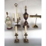 Selected table/desk lamps to include a brass three branch example, a further small pair of brass