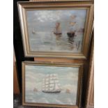 A pair of early 20th century oil paintings on canvas of coastal scenes with fishing boats, both