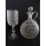 A substantial good quality clear cut drinking glass, the cylindrical bowl with etched foliate and