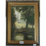 An oil painting on canvas showing a sunlit river scene with figures in a punt, church spire, etc,