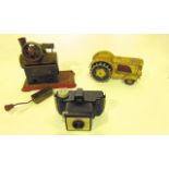 A small Mamod stationary engine, together with a Japanese tin plate tractor, a cased Coronet camera,