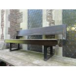 A platform bench with wooden plank seat and back rail within a steel framework, 204cm long