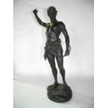 A 19th century bronze figure of an archer, his left arm holding a bow, his right arm held aloft,