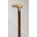 An antique Malacca shafted walking cane with worked ivory handle set above a chased silver collar