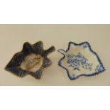Two early 19th century leaf moulded pickle dishes, one with blue and white printed floral and insect