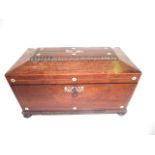 A fine 19th century rosewood veneered sarcophagus shaped tea caddy, the exterior decorated with