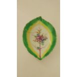 An 18th century Longton Hall dish of leaf shaped form with painted floral sprays and leaf moulding