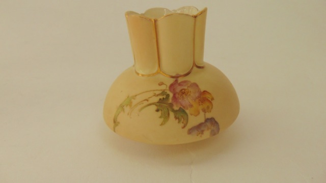 A small Royal Worcester blush ivory vase of circular form with shaped drawn neck and with painted - Image 2 of 2