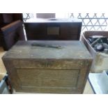 Two small vintage oak portable engineer's tool chests of varying size, each with a rectangular