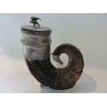 A substantial rustic snuff mill crafted from a single turned horn with hinged pewter lid and cap,