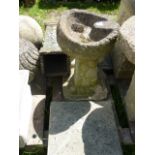 A small weathered cast composition stone 2-sectional bird bath, a faux terracotta square cut