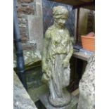 A weathered cast composition stone garden ornament in the form of a classical female water