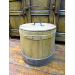 A good quality bound lidded timber storage vessel, in the shaker style with looping handle