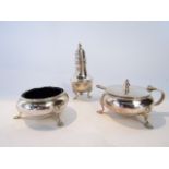 A silver cruet set, S. J. Rose & Son, Birmingham, 1972, comprising: a pepper caster, a salt