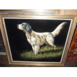 A painting on black velvet ground of a black and white springer spaniel signed bottom left Roa 68