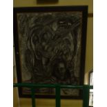 A large charcoal abstract study of grotesque heads and other forms including snakes, 135 x 96 cm, in
