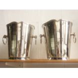 A pair of contemporary electroplated wine coolers of tapering cylindrical form with fluted rims