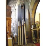 Four reclaimed church organ pipes with painted finish, further smaller examples together with