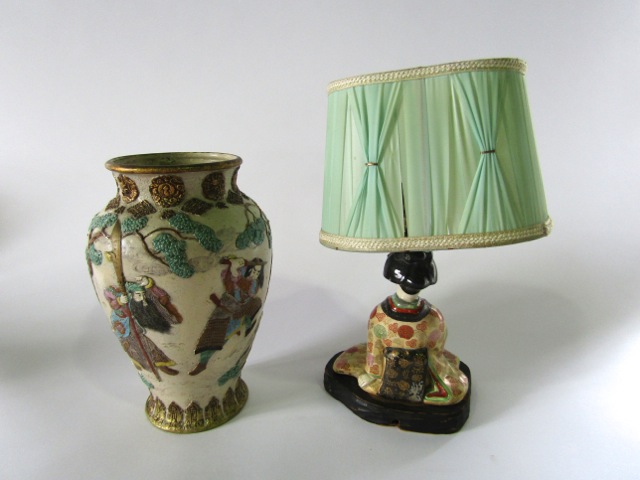 A late 19th century Japanese Kyoto type vase with relief moulded and painted decoration of male - Image 2 of 2