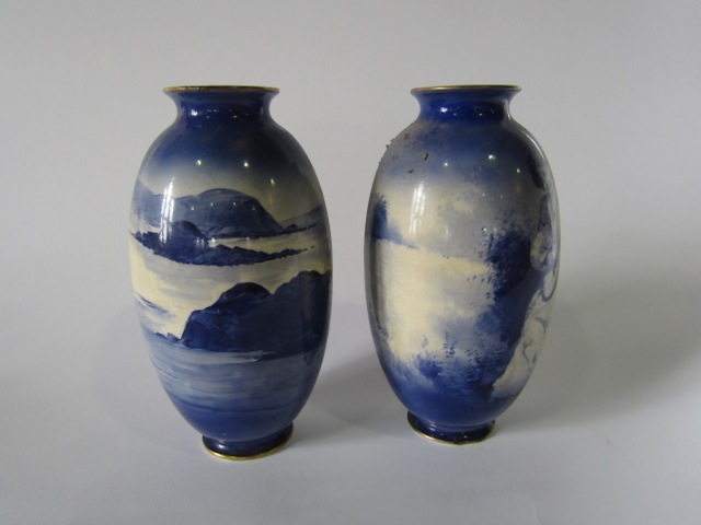 A pair of large early 20th century Royal Doulton blue and white printed vases, one showing a coastal - Image 2 of 4