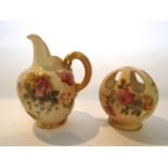 A Royal Worcester Blush Ivory flat back jug with painted and gilded floral sprays and with green