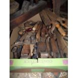 A box of vintage wood working and other tools to include various planes, chisels, tool bags, etc