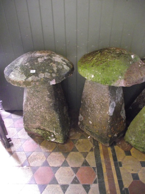 Two similar natural stone staddle stones with tapered bases beneath thick domed caps